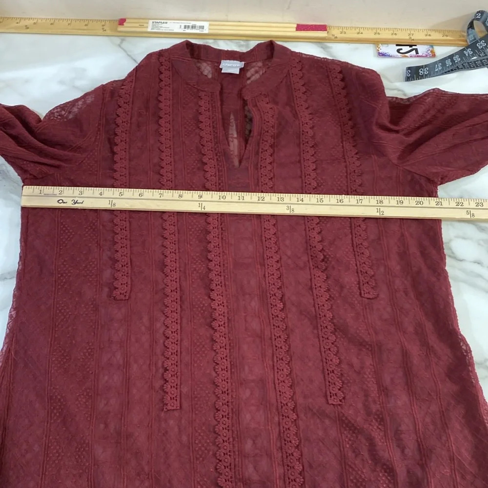 Chico's Popover Blouse Womens Size 1 8/10 M Burgundy Red V-Neck See Through Lace - Picture 9 of 13
